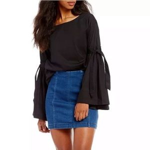 Free People  Black Cotton Poplin Bell Sleeve Top